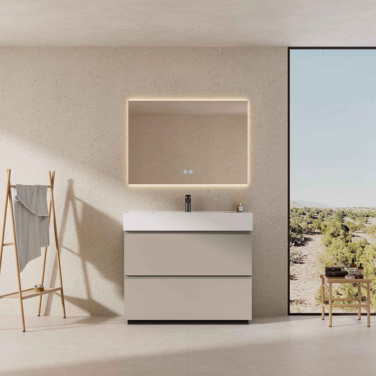 Mobile bagno a Terra 100 cm Grigio Cenere Lavabo in Resina Specchio Quadro Retroilluminato - Nube Paint
