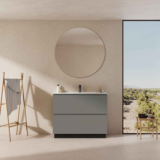 Mobile bagno a Terra 100 cm Grigio Londra Lavabo in Ceramica Specchio Tondo - Nube Paint