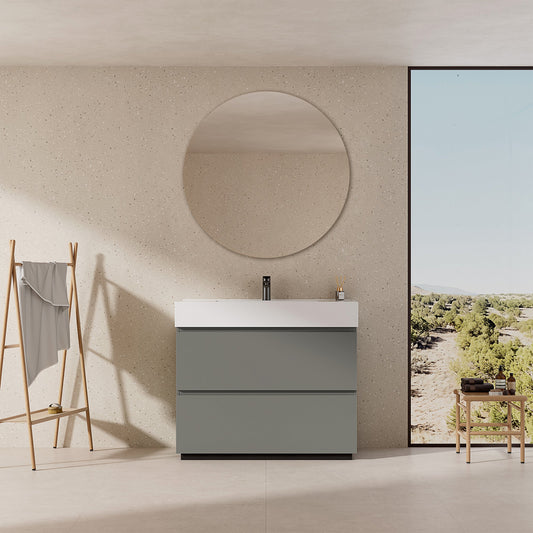 Mobile bagno a Terra 100 cm Grigio Londra Lavabo in Resina Specchio Tondo - Nube Paint