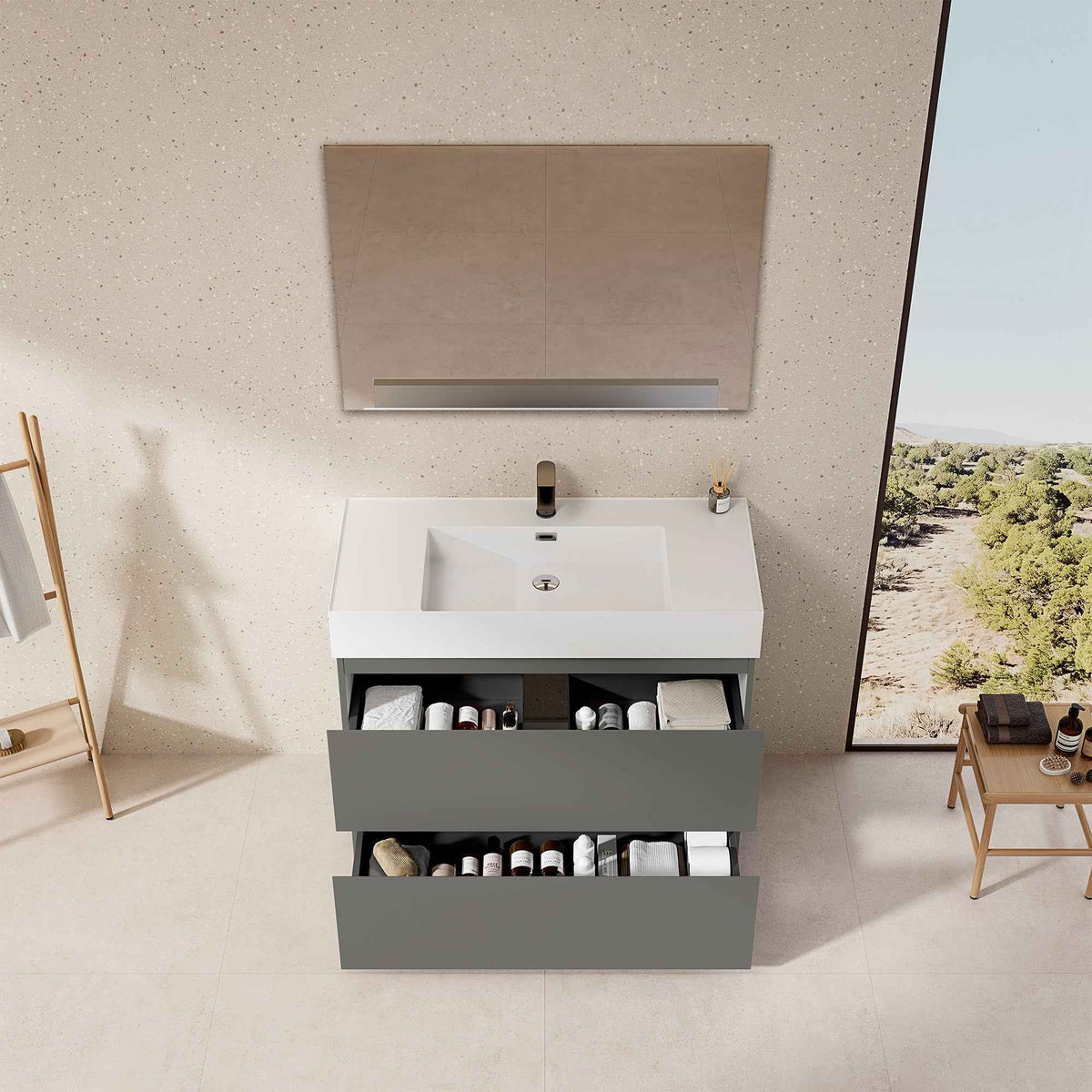 Mobile bagno a Terra 100 cm Grigio Londra Lavabo in Resina Specchio Tondo Retroilluminato - Nube Paint
