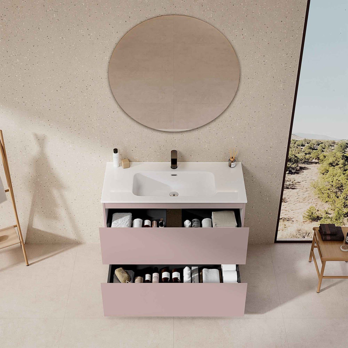 Mobile bagno a Terra 100 cm Rosa Retrò Lavabo in Ceramica Specchio Tondo - Nube Paint