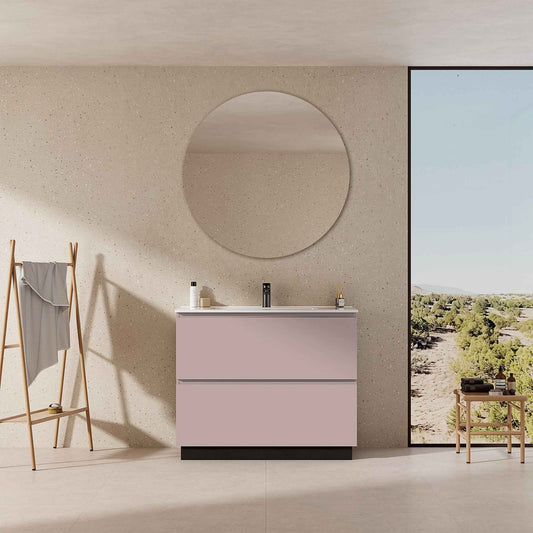 Mobile bagno a Terra 100 cm Rosa Retrò Lavabo in Ceramica Specchio Tondo - Nube Paint