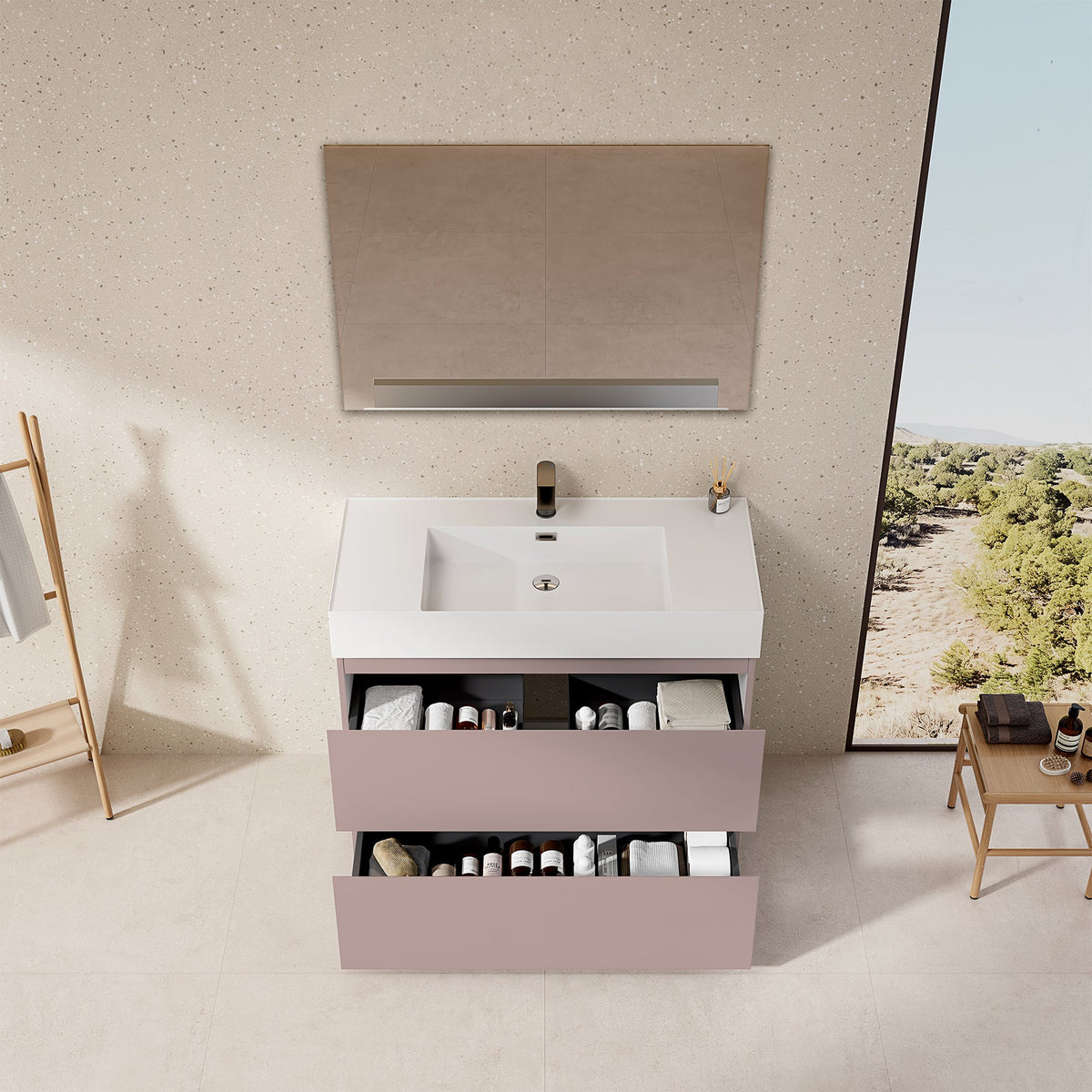Mobile bagno a Terra 100 cm Rosa Retrò Lavabo in Resina Specchio Quadro - Nube Paint