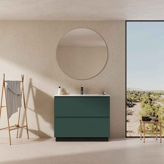 Mobile bagno a Terra 100 cm Verde Comodoro Lavabo in Ceramica Specchio Tondo - Nube Paint