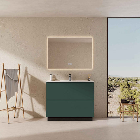 Mobile bagno a Terra 100 cm Verde Comodoro Lavabo in Ceramica Specchio Quadro Retroilluminato - Nube Paint