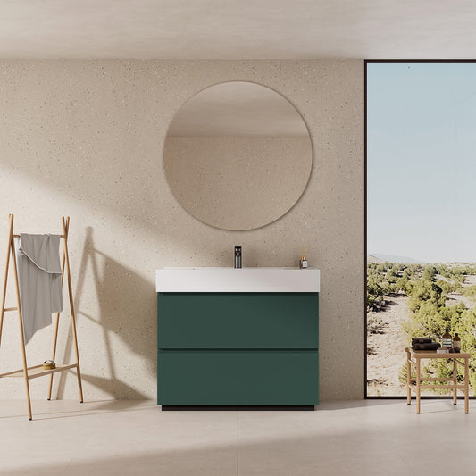 Mobile bagno a Terra 100 cm Verde Comodoro Lavabo in Resina Specchio Tondo - Nube Paint