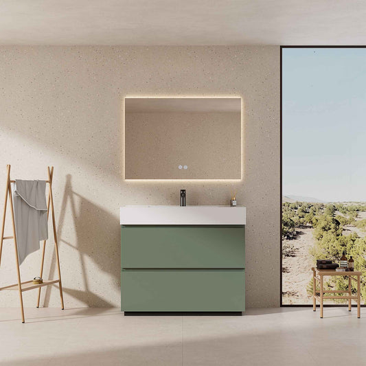 Mobile bagno a Terra 100 cm Verde Salvia Lavabo in Resina Specchio Quadro Retroilluminato - Nube Paint