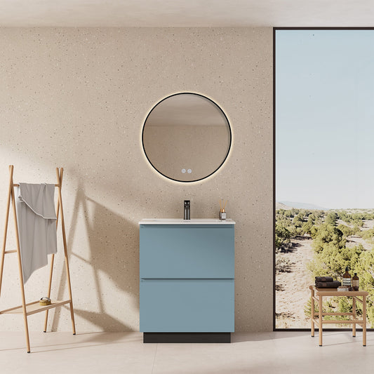 Mobile bagno a Terra 60 cm Blu Avio Lavabo in Ceramica Specchio Tondo Retroilluminato Profilo Nero - Nube Paint