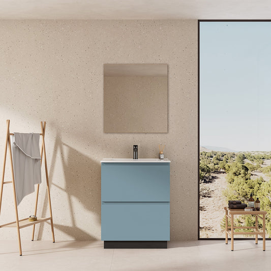 Mobile bagno a Terra 60 cm Blu Avio Lavabo in Ceramica Specchio Tondo Retroilluminato - Nube Paint