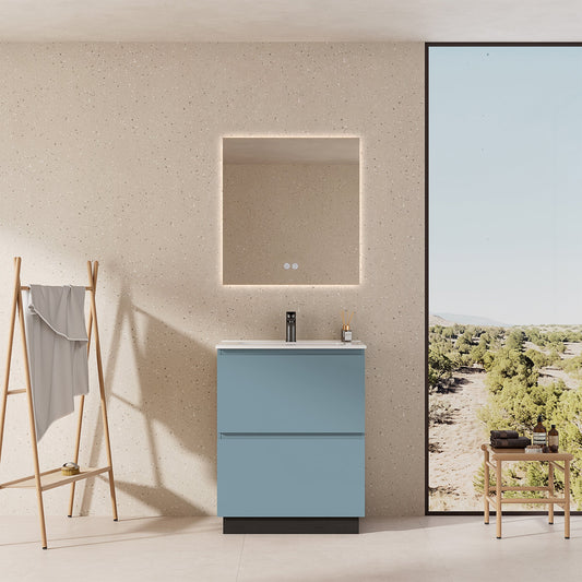 Mobile bagno a Terra 60 cm Blu Avio Lavabo in Ceramica Specchio Quadro Retroilluminato - Nube Paint