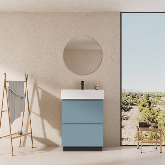 Mobile bagno a Terra 60 cm Blu Avio Lavabo in Resina Specchio Tondo - Nube Paint