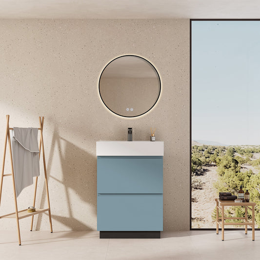 Mobile bagno a Terra 60 cm Blu Avio Lavabo in Resina Specchio Tondo Retroilluminato Profilo Nero - Nube Paint