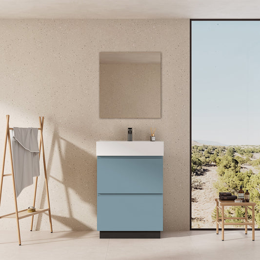 Mobile bagno a Terra 60 cm Blu Avio Lavabo in Resina Specchio Tondo Retroilluminato - Nube Paint