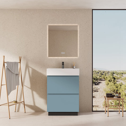 Mobile bagno a Terra 60 cm Blu Avio Lavabo in Resina Specchio Quadro Retroilluminato - Nube Paint