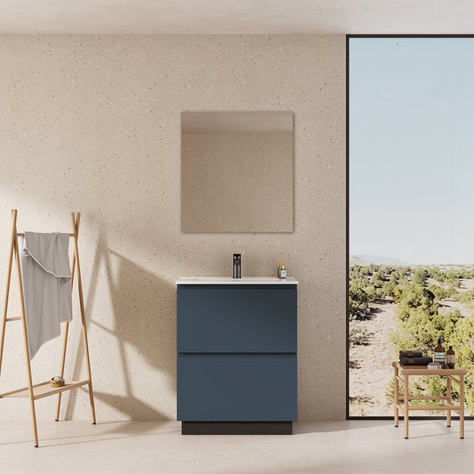 Mobile bagno a Terra 60 cm Blu Mare Lavabo in Ceramica Specchio Tondo Retroilluminato - Nube Paint