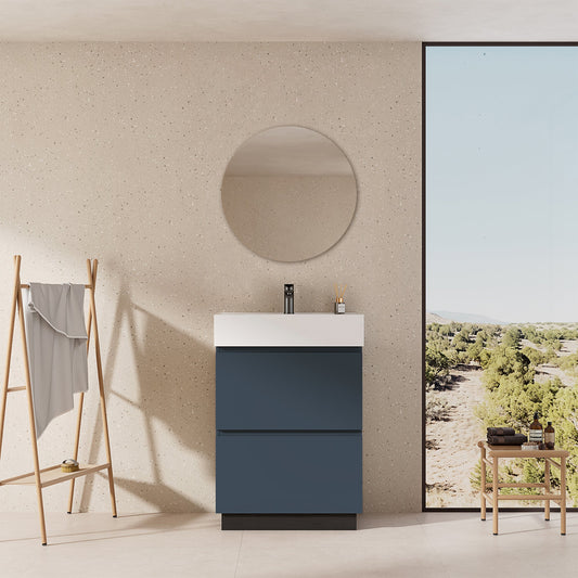 Mobile bagno a Terra 60 cm Blu Mare Lavabo in Resina Specchio Tondo - Nube Paint