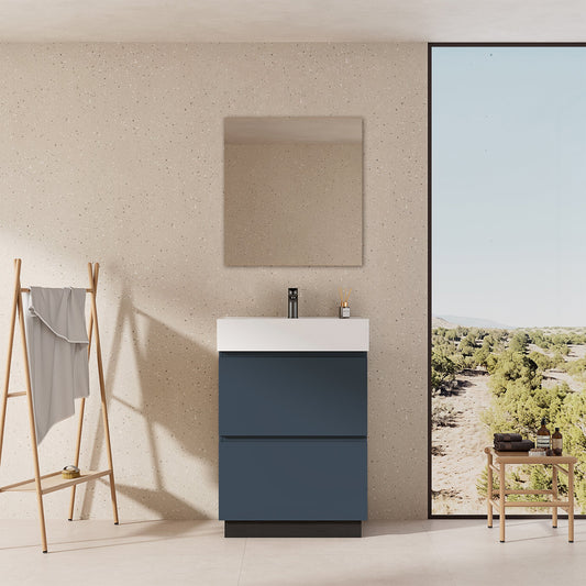 Mobile bagno a Terra 60 cm Blu Mare Lavabo in Resina Specchio Tondo Retroilluminato - Nube Paint