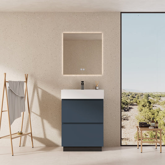 Mobile bagno a Terra 60 cm Blu Mare Lavabo in Resina Specchio Quadro Retroilluminato - Nube Paint