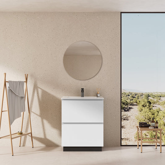 Mobile bagno a Terra 60 cm Bianco Lavabo in Ceramica Specchio Tondo - Nube Paint