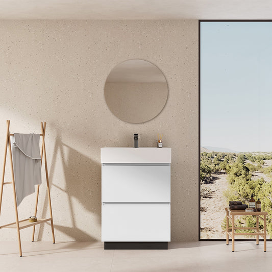 Mobile bagno a Terra 60 cm Bianco Lavabo in Resina Specchio Tondo - Nube Paint