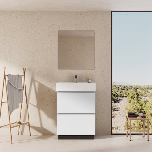 Mobile bagno a Terra 60 cm Bianco Lavabo in Resina Specchio Tondo Retroilluminato - Nube Paint