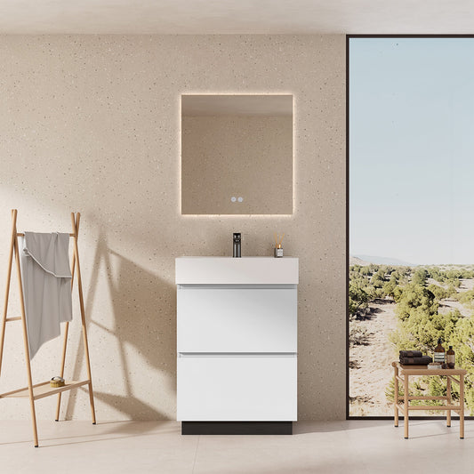 Mobile bagno a Terra 60 cm Bianco Lavabo in Resina Specchio Quadro Retroilluminato - Nube Paint