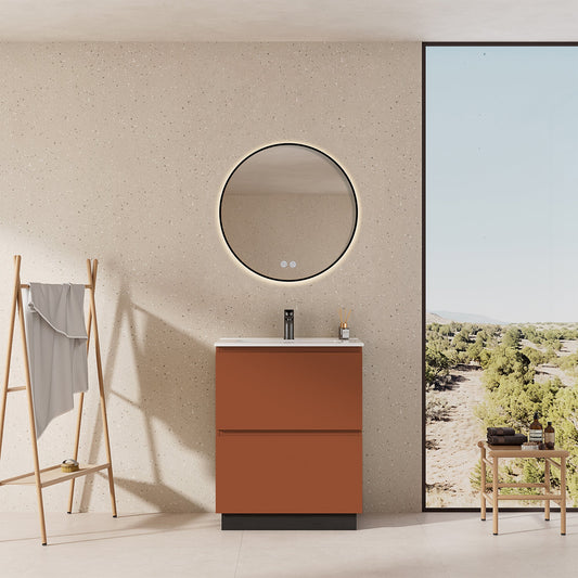 Mobile bagno a Terra 60 cm Cotto Contemporaneo Lavabo in Ceramica Specchio Tondo Retroilluminato Profilo Nero - Nube Paint