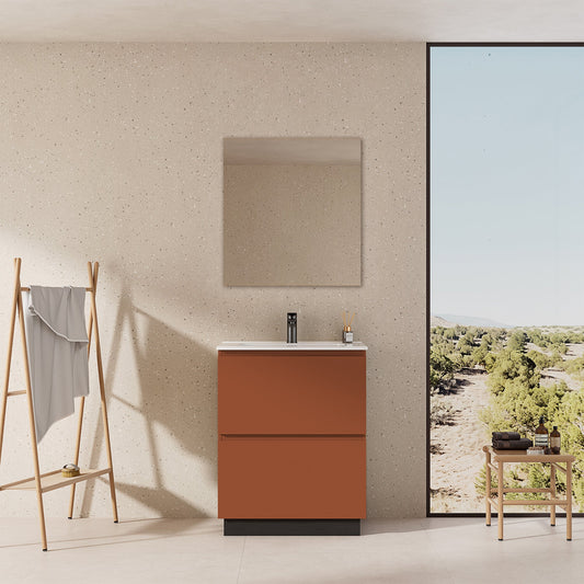Mobile bagno a Terra 60 cm Cotto Contemporaneo Lavabo in Ceramica Specchio Tondo Retroilluminato - Nube Paint