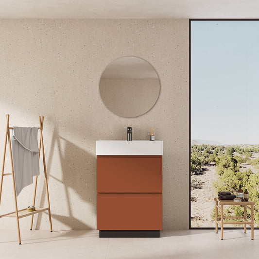 Mobile bagno a Terra 60 cm Cotto Contemporaneo Lavabo in Resina Specchio Tondo - Nube Paint