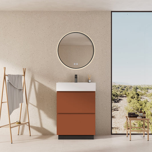 Mobile bagno a Terra 60 cm Cotto Contemporaneo Lavabo in Resina Specchio Tondo Retroilluminato Profilo Nero - Nube Paint