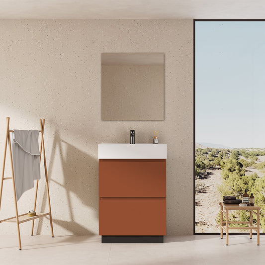Mobile bagno a Terra 60 cm Cotto Contemporaneo Lavabo in Resina Specchio Tondo Retroilluminato - Nube Paint