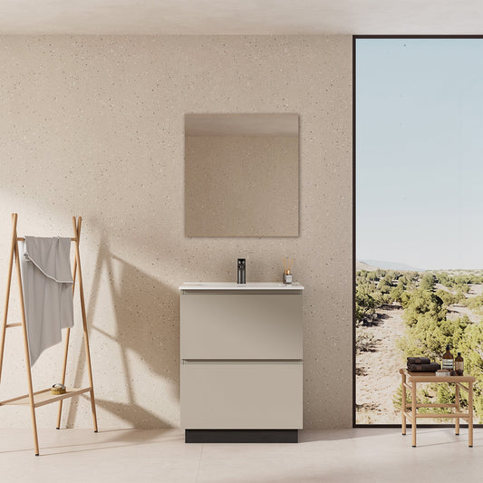 Mobile bagno a Terra 60 cm Grigio Cenere Lavabo in Ceramica Specchio Tondo Retroilluminato - Nube Paint