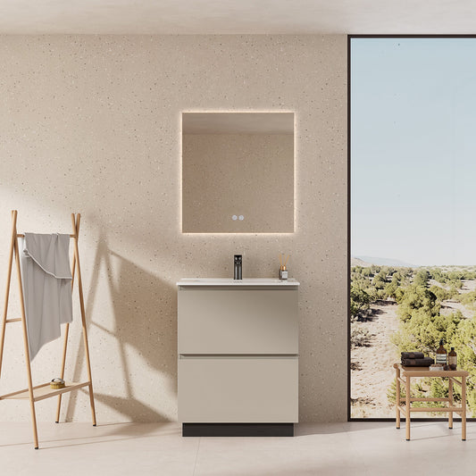 Mobile bagno a Terra 60 cm Grigio Cenere Lavabo in Ceramica Specchio Quadro Retroilluminato - Nube Paint