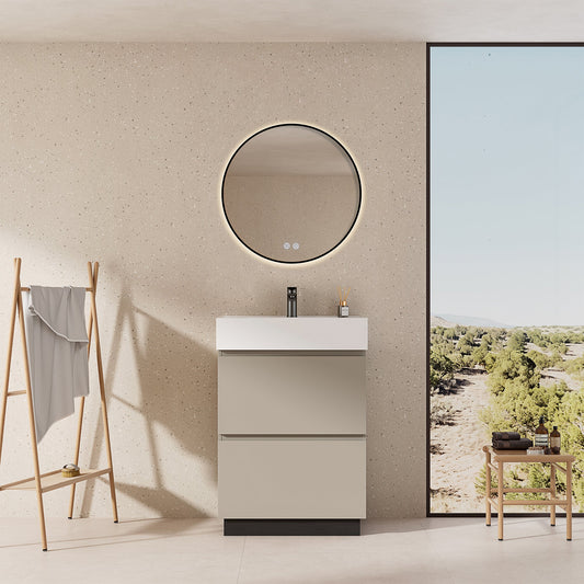 Mobile bagno a Terra 60 cm Grigio Cenere Lavabo in Resina Specchio Tondo Retroilluminato Profilo Nero - Nube Paint