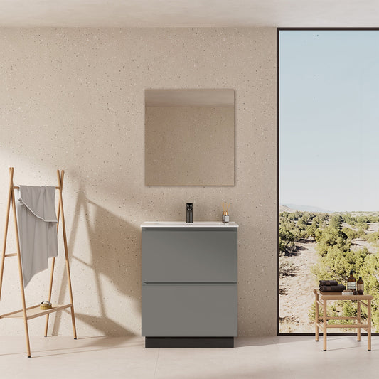 Mobile bagno a Terra 60 cm Grigio Londra Lavabo in Ceramica Specchio Tondo Retroilluminato - Nube Paint