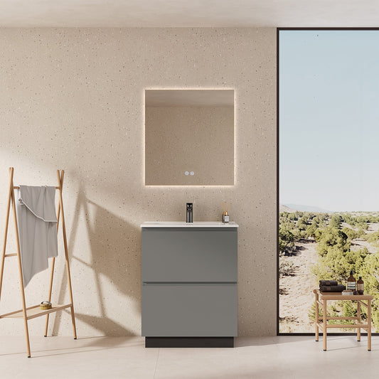 Mobile bagno a Terra 60 cm Grigio Londra Lavabo in Ceramica Specchio Quadro Retroilluminato - Nube Paint