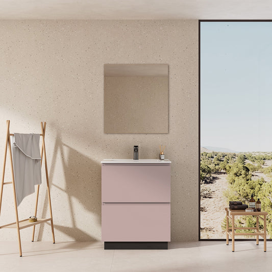 Mobile bagno a Terra 60 cm Rosa Retrò Lavabo in Ceramica Specchio Tondo Retroilluminato - Nube Paint