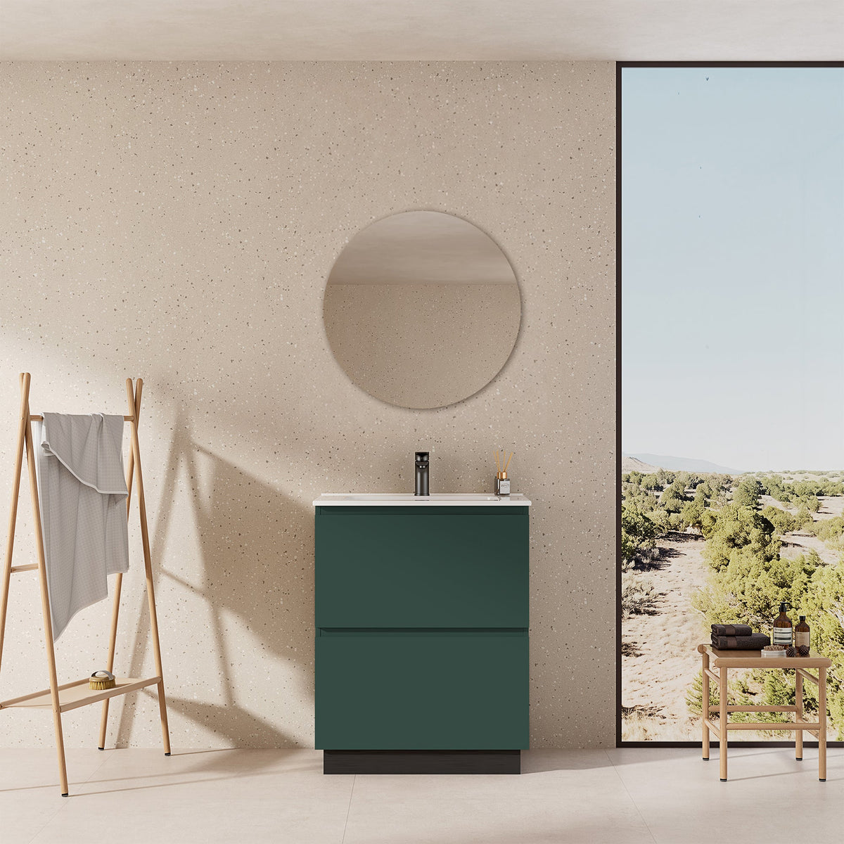 Mobile bagno a Terra 60 cm Verde Comodoro Lavabo in Ceramica Specchio Tondo - Nube Paint