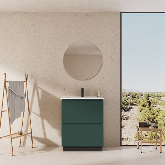 Mobile bagno a Terra 60 cm Verde Comodoro Lavabo in Ceramica Specchio Tondo - Nube Paint