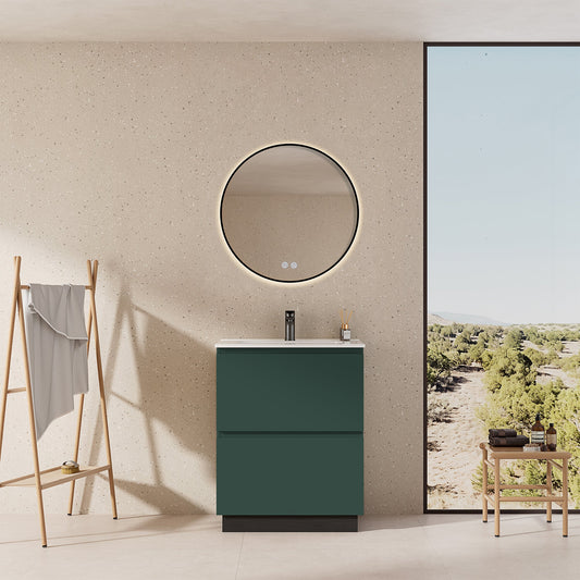 Mobile bagno a Terra 60 cm Verde Comodoro Lavabo in Ceramica Specchio Tondo Retroilluminato Profilo Nero - Nube Paint