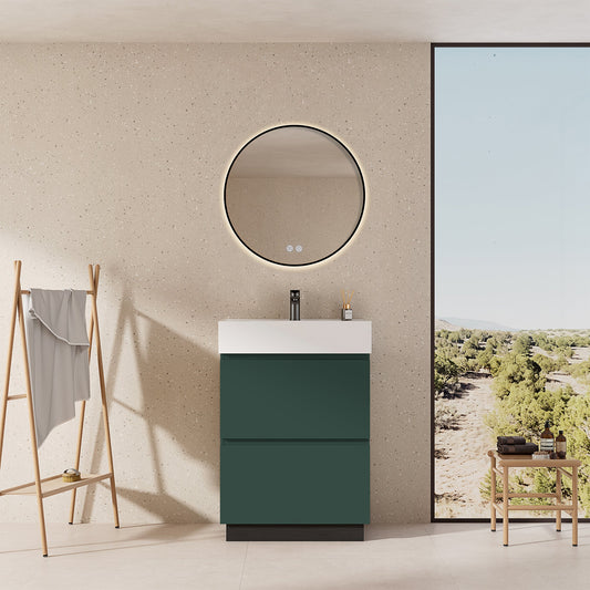 Mobile bagno a Terra 60 cm Verde Comodoro Lavabo in Resina Specchio Tondo Retroilluminato Profilo Nero - Nube Paint
