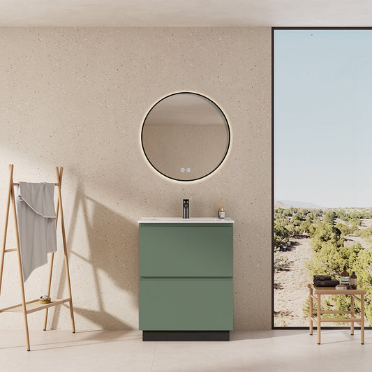 Mobile bagno a Terra 60 cm Verde Salvia Lavabo in Ceramica Specchio Tondo Retroilluminato Profilo Nero - Nube Paint