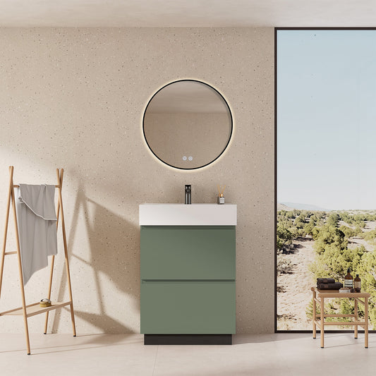 Mobile bagno a Terra 60 cm Verde Salvia Lavabo in Resina Specchio Tondo Retroilluminato Profilo Nero - Nube Paint