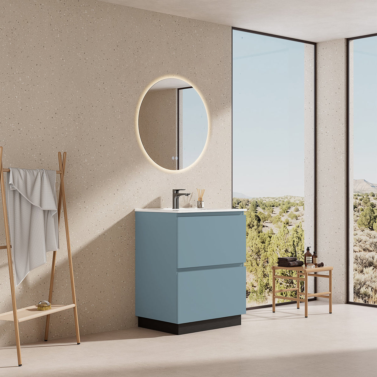 Mobile bagno a Terra 60 cm Blu Avio Lavabo in Ceramica Specchio Tondo Retroilluminato - Nube Paint