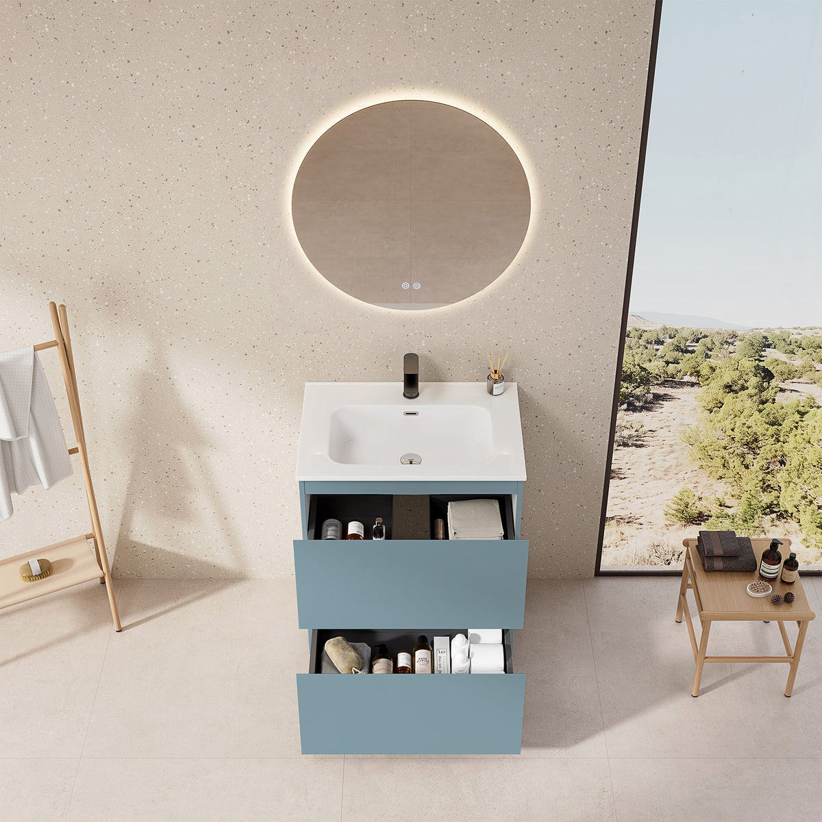 Mobile bagno a Terra 60 cm Blu Avio Lavabo in Ceramica Specchio Tondo Retroilluminato - Nube Paint
