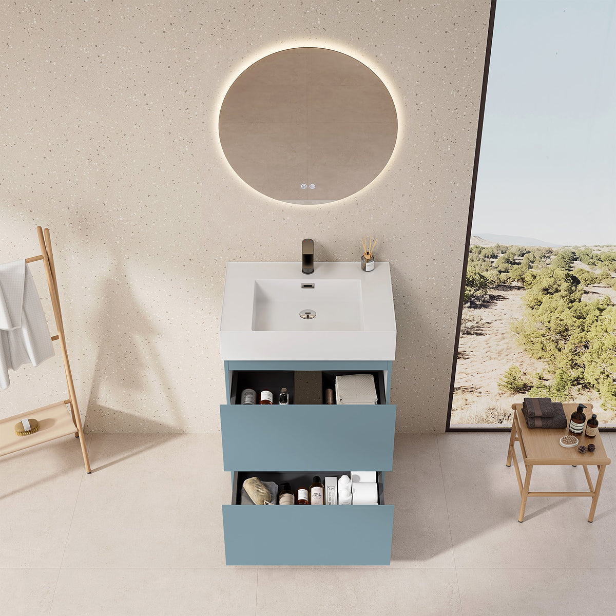 Mobile bagno a Terra 60 cm Blu Avio Lavabo in Resina Specchio Tondo Retroilluminato - Nube Paint