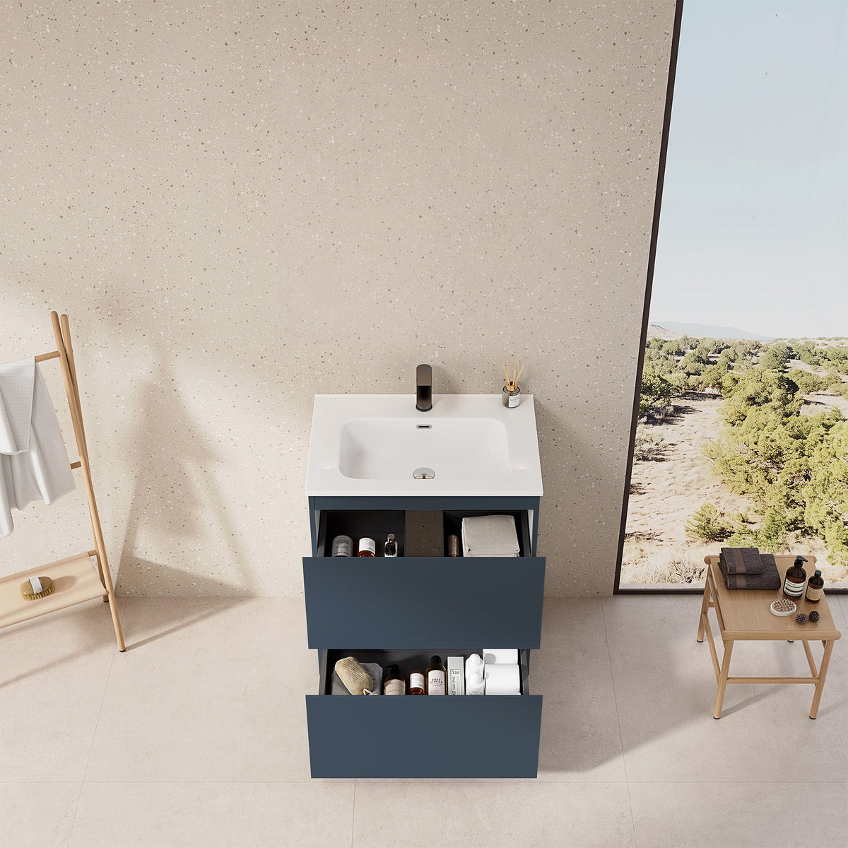 Mobile bagno a Terra 60 cm Blu Mare Lavabo in Ceramica Senza Specchio - Nube Paint