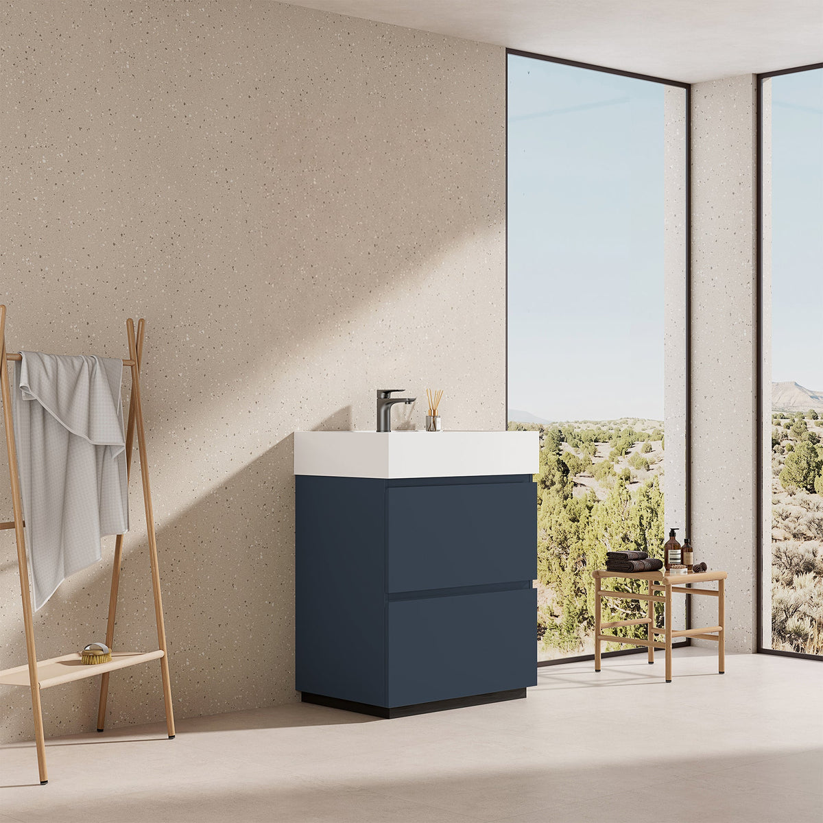 Mobile bagno a Terra 60 cm Blu Mare Lavabo in Resina Senza Specchio - Nube Paint