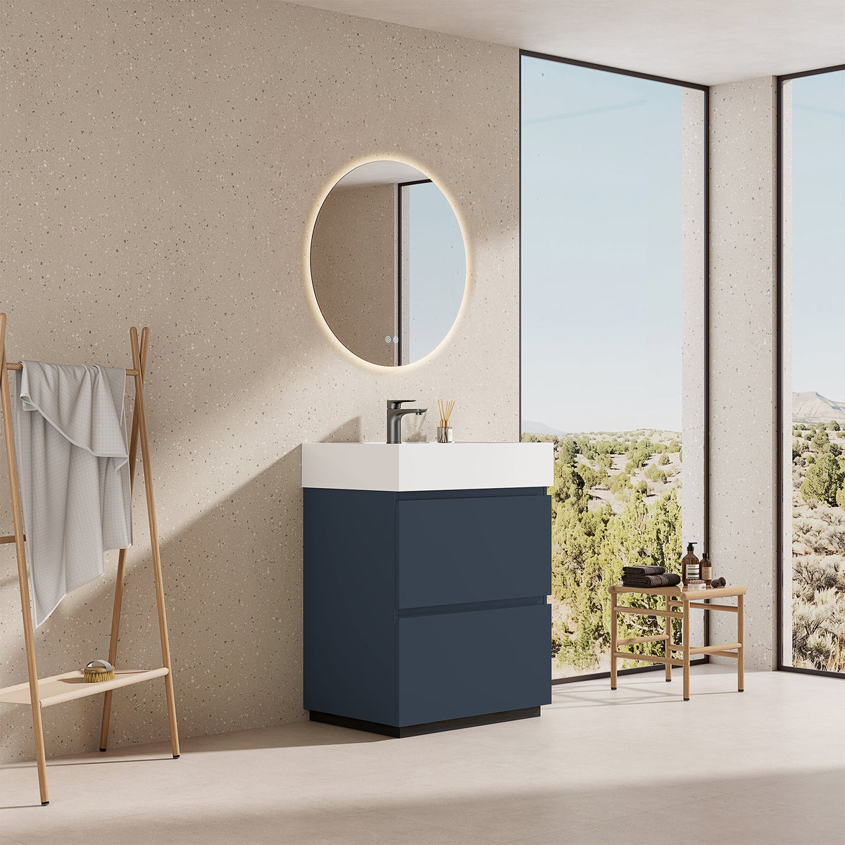 Mobile bagno a Terra 60 cm Blu Mare Lavabo in Resina Specchio Tondo Retroilluminato - Nube Paint