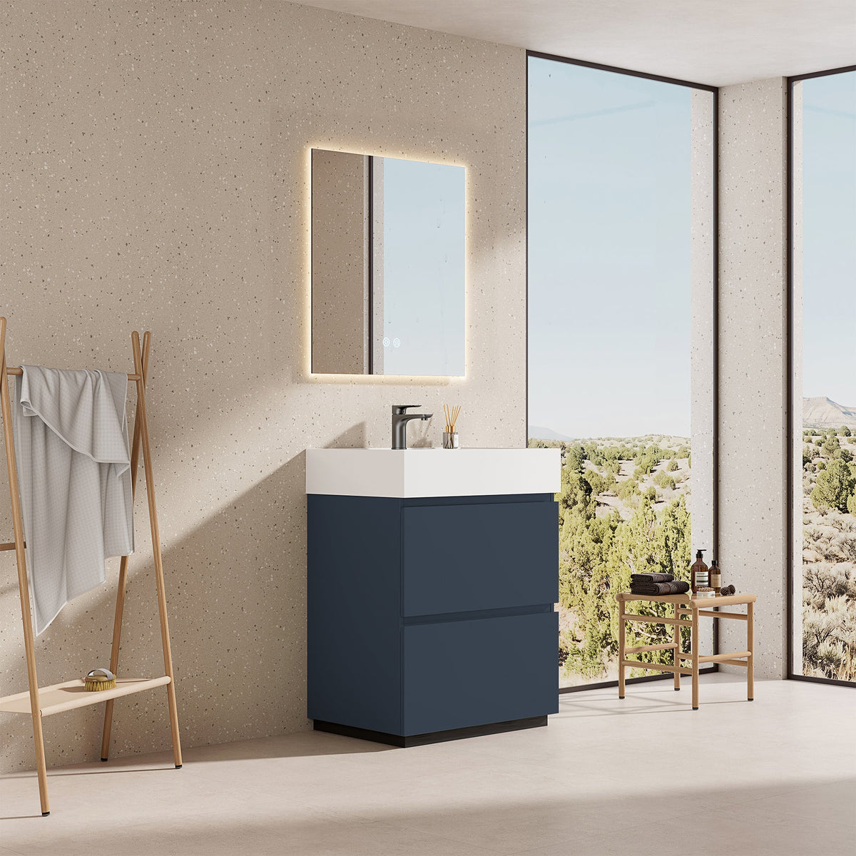 Mobile bagno a Terra 60 cm Blu Mare Lavabo in Resina Specchio Quadro Retroilluminato - Nube Paint